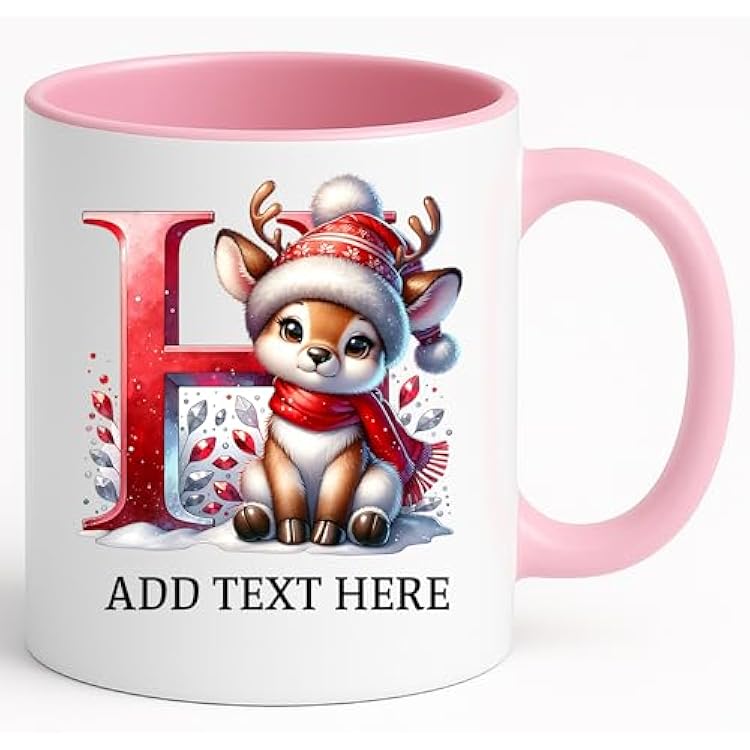 Personalized Reindeer Christmas Initial Mug Custom Letter AZ Monogram, Add NameDate | 11 Ceramic, Dishwasher & Microwave Safe, BulkWholesale cups Pink