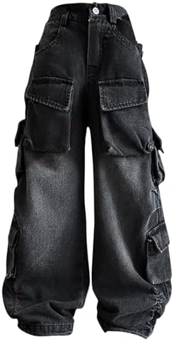 Kids Girls Streetwear Denim Cargo Pants High Waist Floor Length Baggy Wide Leg Jeans with Multi Pockets Casual Jeans