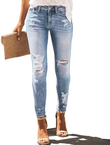 Allimy Womens High Rise Skinny Stretch Ripped Jeans High Waisted Destroyed Denim Pants