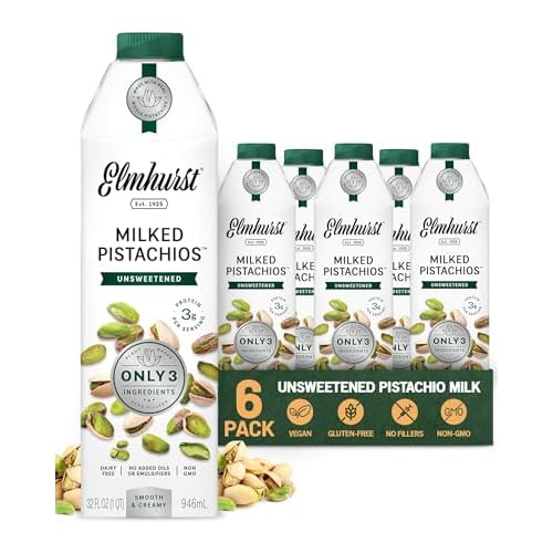 Elmhurst 1925 Pistachio Milk Unsweetened - 32 Ounce (Pack of 6) Dairy-Free, Gluten-Free, Vegan, Kosher, Shelf Stable Milk Made with Water & Pistachios for Healthier, Simpler Plant-Based Alternatives