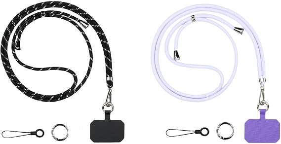 Phone Lanyard 2 Pack, 2Adjustable Neck Strap, 2Phone Patches, 2Phone Case Lanyard - Multifunctional Cell Phone Strap Suitable for Most Smartphones - Phone Accessories(Black white + Purple)