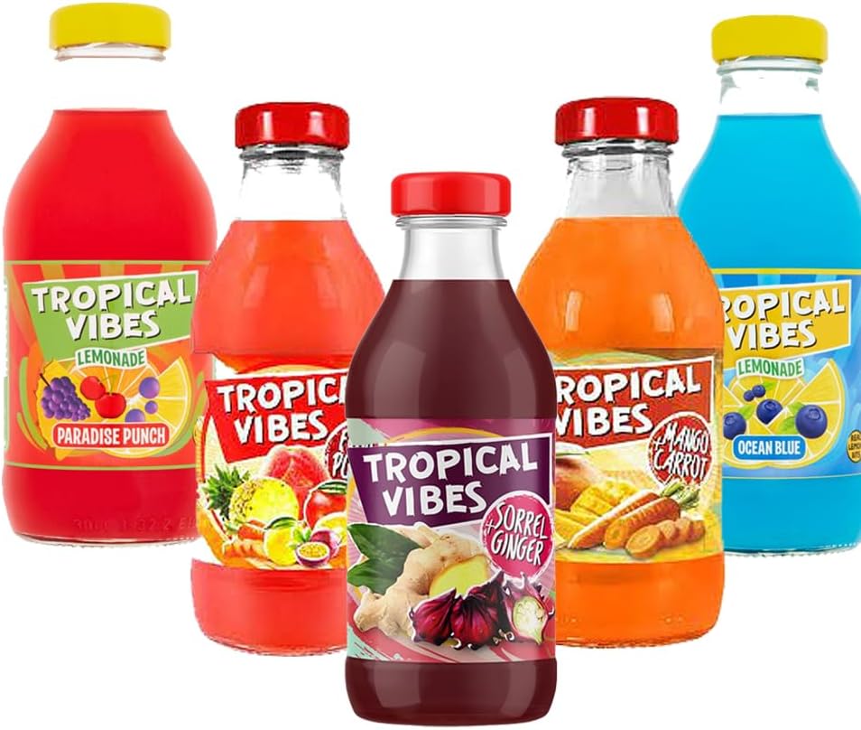 5 x Mixed Flavours of Troppicall Fruit Punch,Lemonade Ocean Blue,Lemonade Paradise Punch,Cheeky Cherry,Exotic Carrot Flavoured Summer Drinks 300ml