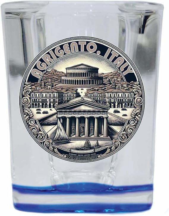 Agrigento Italy Souvenir 2 Ounce Shot Glass Square Blue Base 4-Pack