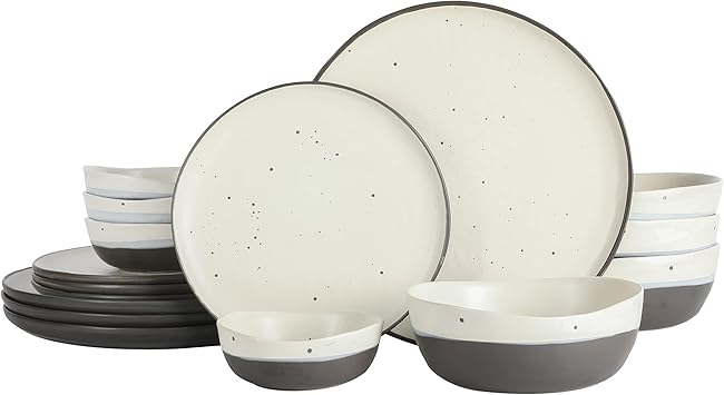 Gibson Elite Rhinebeck 16-Piece Double Bowl Dinnerware Set, Service for 4 White and Black Stoneware Plates and Bowls
