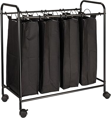 Household Essentials Rolling Laundry Sorter, 4 Bag Laundry Sorter Cart with Washable and Removable Bags, Black
