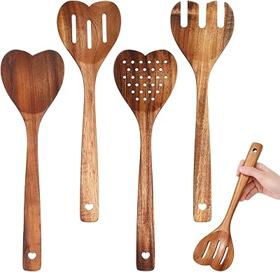 Baderke 4 Pcs Acacia Wooden Heart Spoons Set, Valentines Heart Shaped Cooking Utensil, 4-Style, Long Handle, Perfect Valentines Day Wedding Housewarming Gift for Wife Mom Grandma Hostesses Cooks