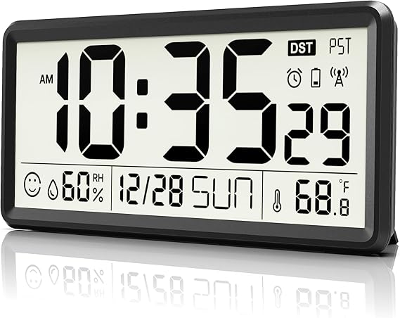 EASYERA 15'' Large Digital Wall Clock Battery Operated, Atomic Clock with Indoor Temperature and Humidity, Self-Setting with Auto DST, for Kitchen, Classroom, Living Room (Batteries Not Included)