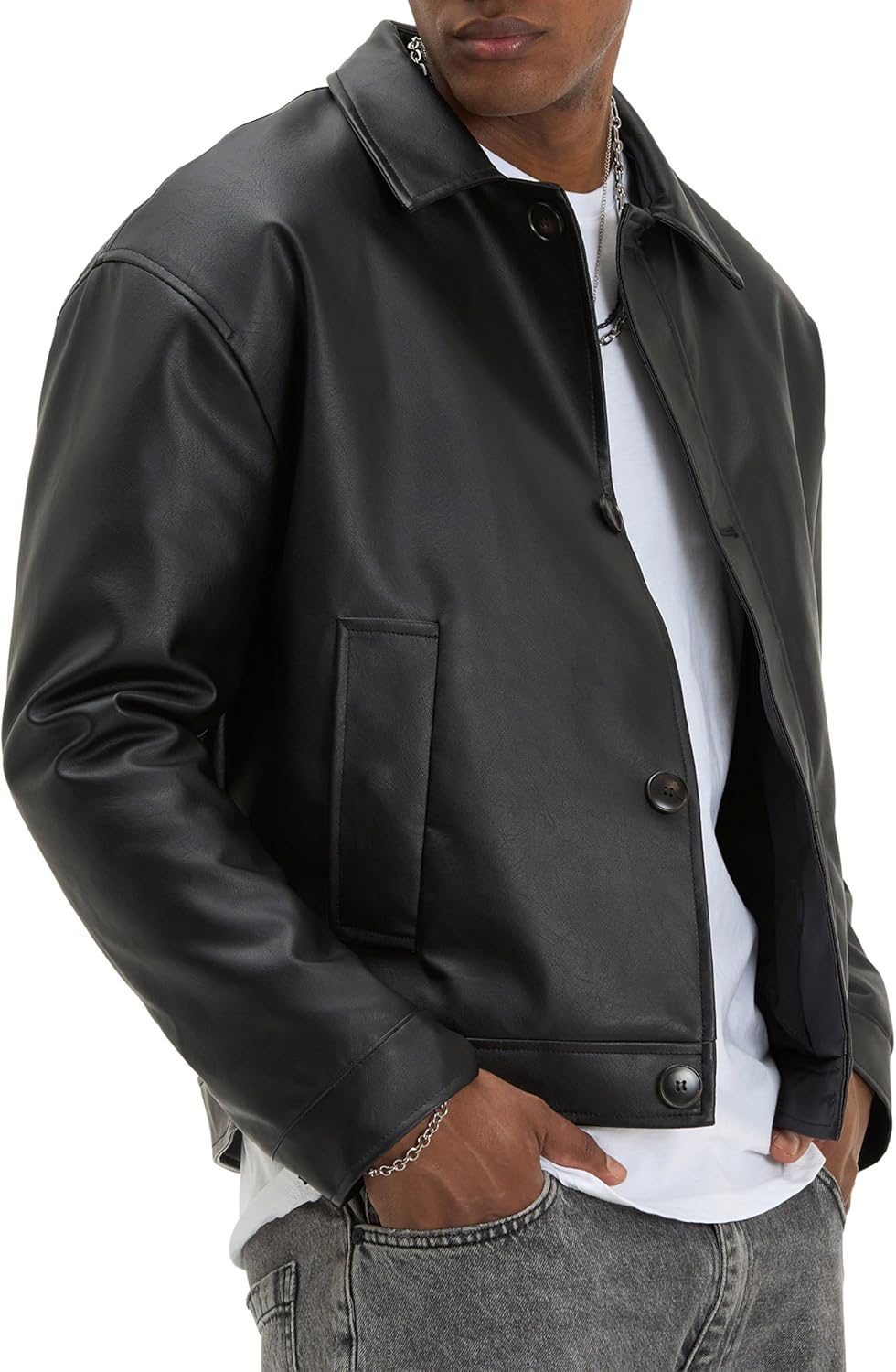 Oversized Faux Leather Jacket - Button Closure Urban Style