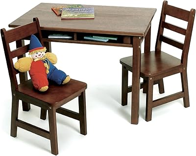 Lipper International Childs Rectangular Table with Shelves and 2 Chairs, Walnut Finish