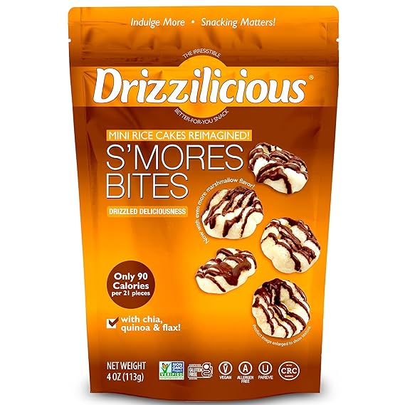 Drizzilicious Mini Flavored Rice Cakes S'mores - Rice Crisps, Healthy Snack for Adults and Kids, Vegan, Gluten Free Snack, Allergen Free, Only 90 Calories Per 21 Pieces- 4 oz (Pack of 1)