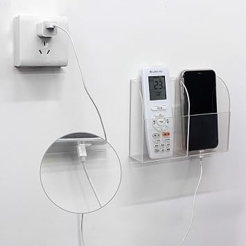 Clear TV Remote Control Holder Wall Mounted Charging Phone Holder Media Storage Organizer Wall Box for Phone 2 Compartment