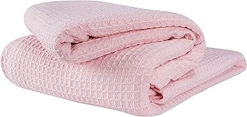 GLAMBURG 100% Cotton Thermal Blanket, Breathable Waffle Blanket, Queen Size, All Season, Baby Pink