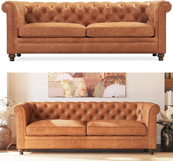 POLY & BARK Lyon 87.4 Leather Sofa in Cognac Tan Full-Grain Pure-Aniline Italian Leather, Deep Button Tufting, Rolled Arms and Espresso Wood Legs Chesterfield Style for Elegant Living Rooms
