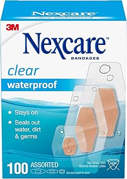 Nexcare Waterproof Clear Bandages, Covers and Protects, 360 Degree Seal Around The Pad Offers Exceptional Protection Against Water, Dirt, and Germs, Assorted Sizes, 100 Count