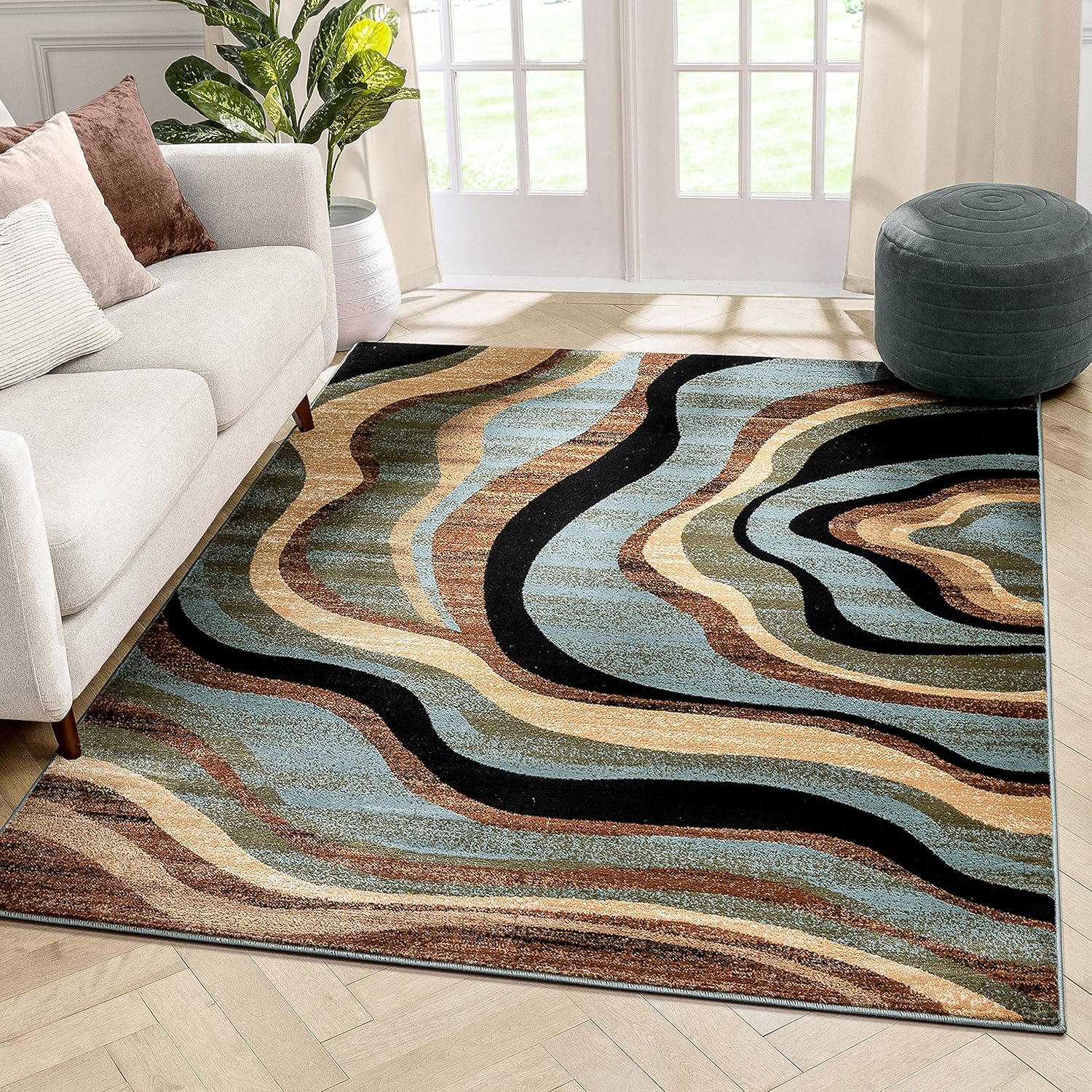 Well Woven Barclay Collection Nirvana Waves Multi Blue 5 ft Round Rug - for Living Room, Bedroom, and Dining Room